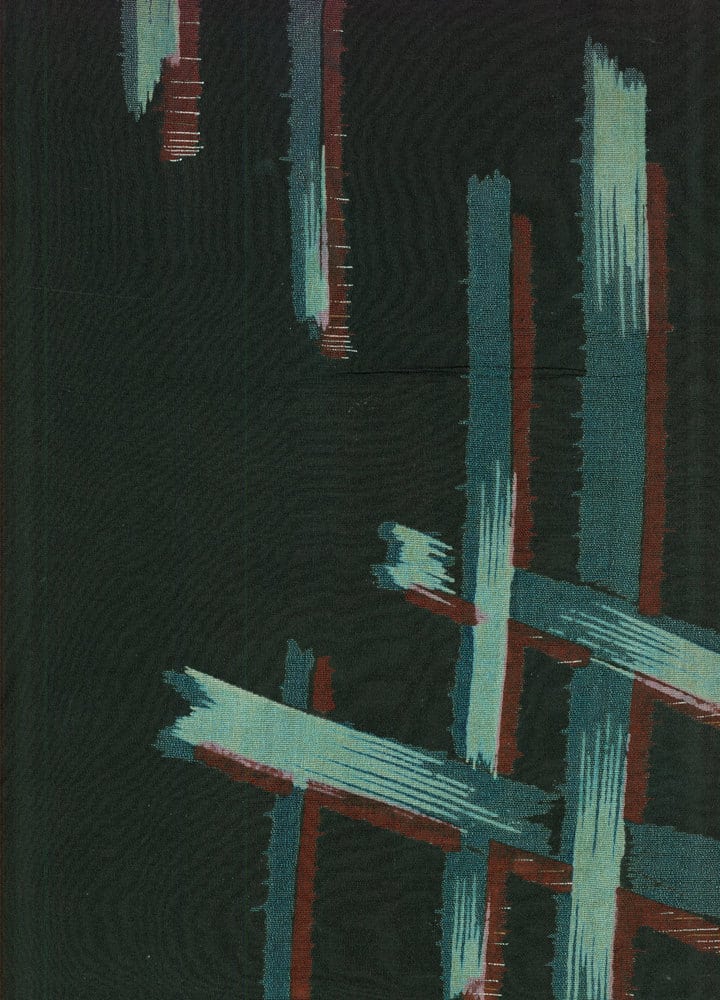 Abstract geometric painting with blue-green and rust-colored vertical lines