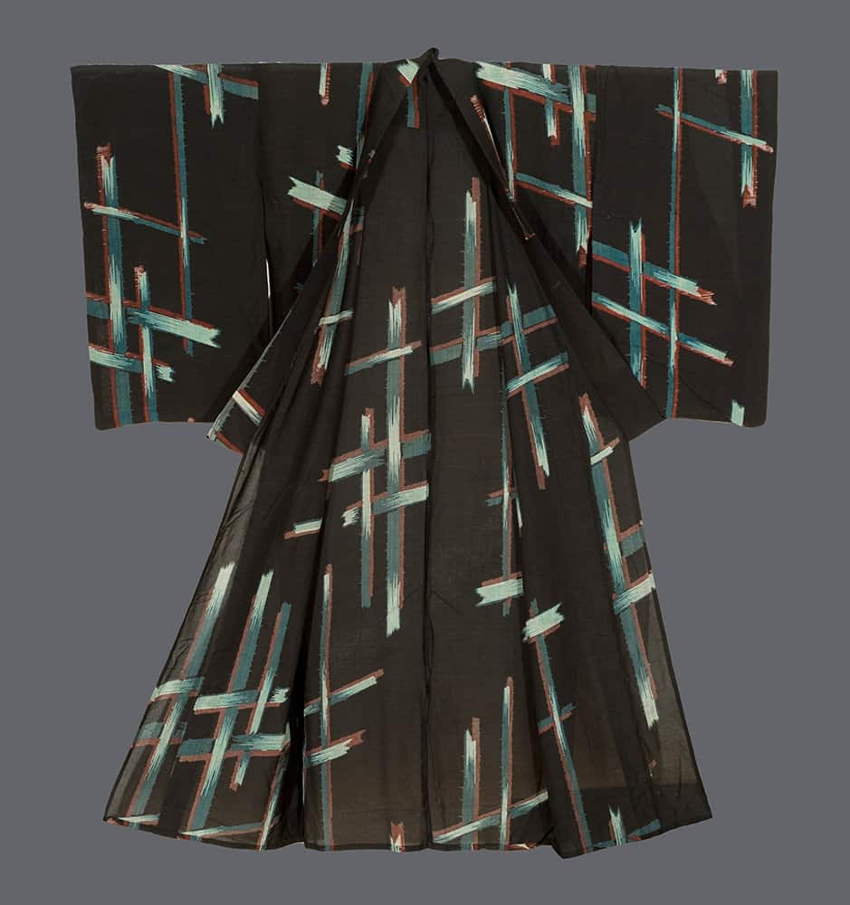 Dark kimono with abstract blue, green, and rust-colored brushstroke pattern