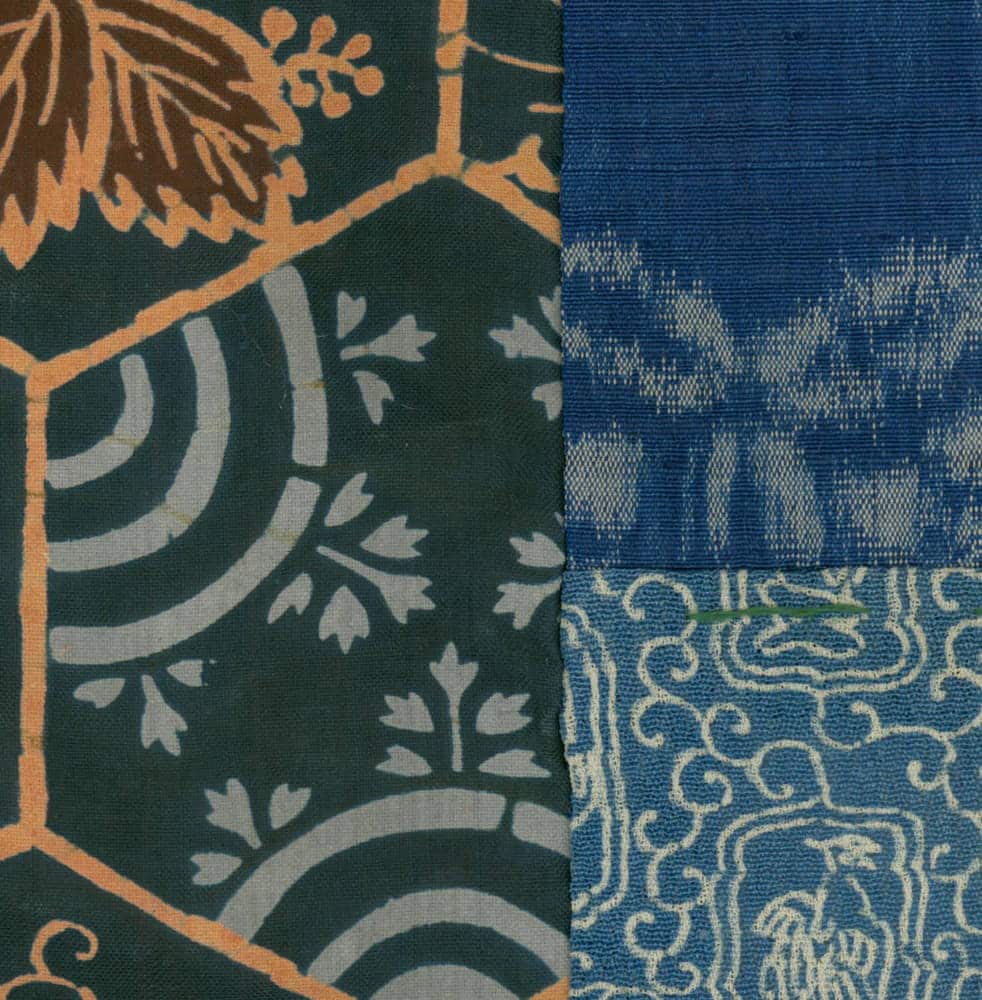 Traditional Japanese textile with geometric patterns in green, blue, and orange