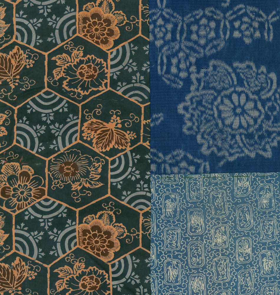 Traditional Japanese textile with hexagonal floral patterns in green, blue, and orange