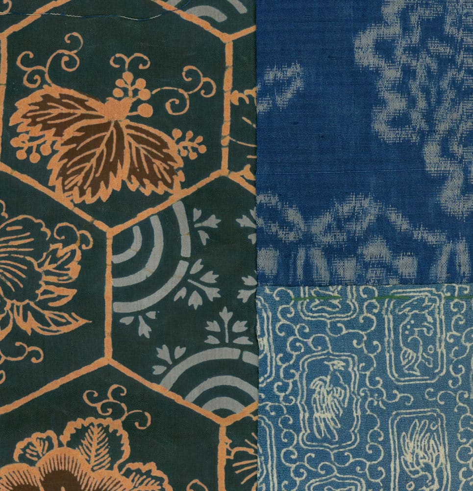 Traditional Japanese textile with hexagonal patterns, leaves, and geometric designs