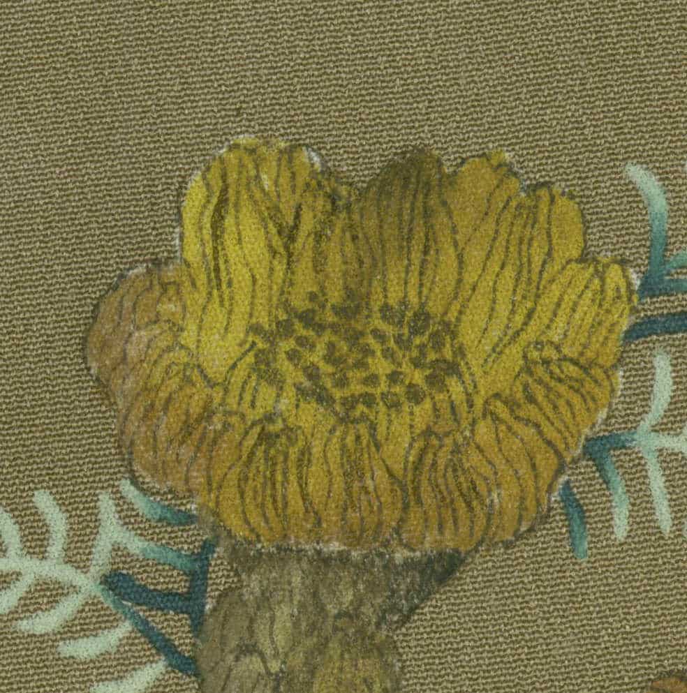 Vintage-style yellow flower with textured petals on muted background