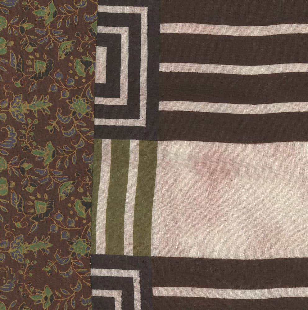 Geometric textile with floral pattern, brown, green, and white colors