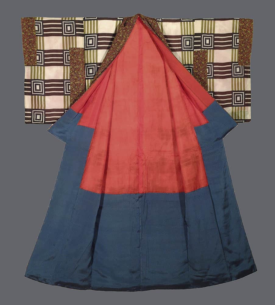 Vintage Japanese kimono with geometric sleeves, red and blue color block
