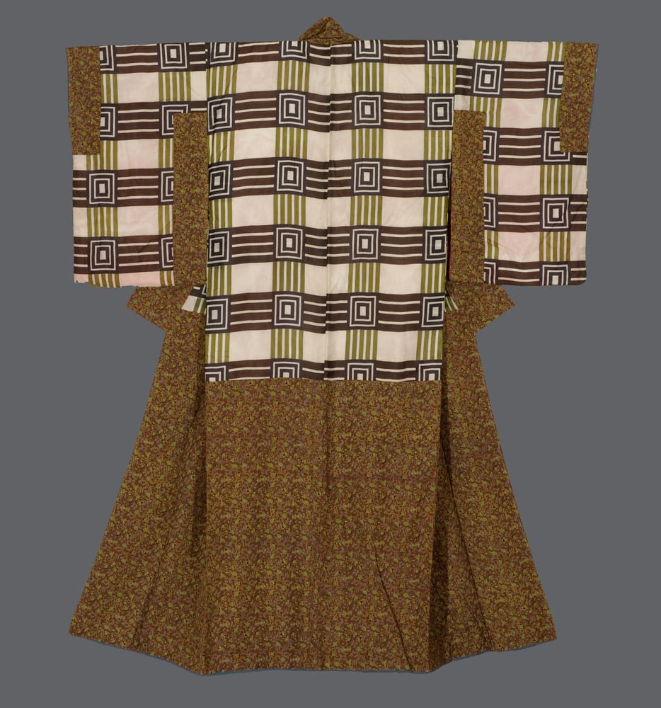 Traditional Japanese kimono with geometric pattern in brown, green, and white