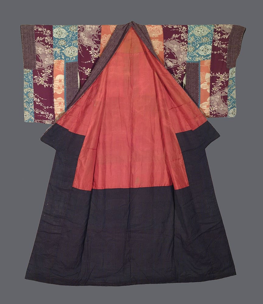 Vintage Japanese kimono with patterned sleeves and red-black color block