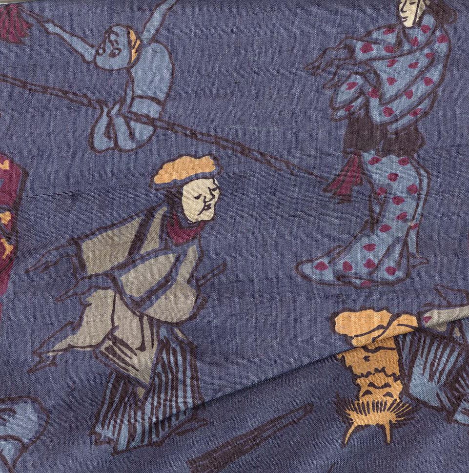 Stylized figures on blue textile with geometric patterns and muted colors