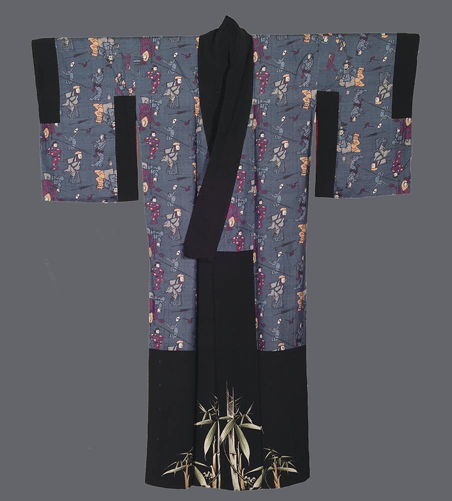 Traditional Japanese kimono with blue-gray pattern and black bamboo border