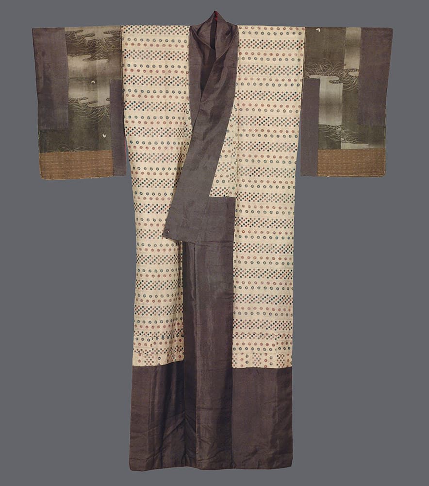 Traditional Japanese kimono with polka dot pattern and dark brown panels