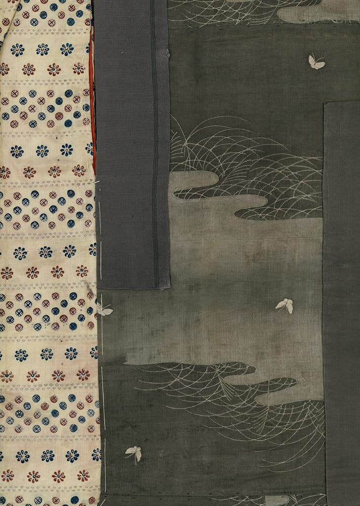 Traditional Japanese textile with floral pattern and abstract butterfly design