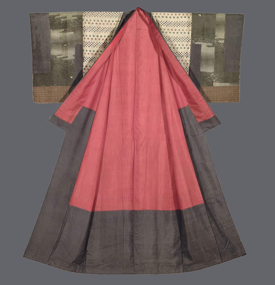 Traditional Japanese kimono with red center and gray patterned borders
