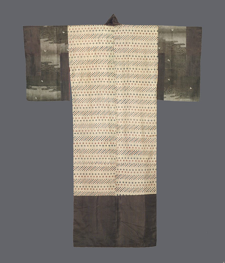 Traditional Japanese kimono with dotted pattern and dark panels