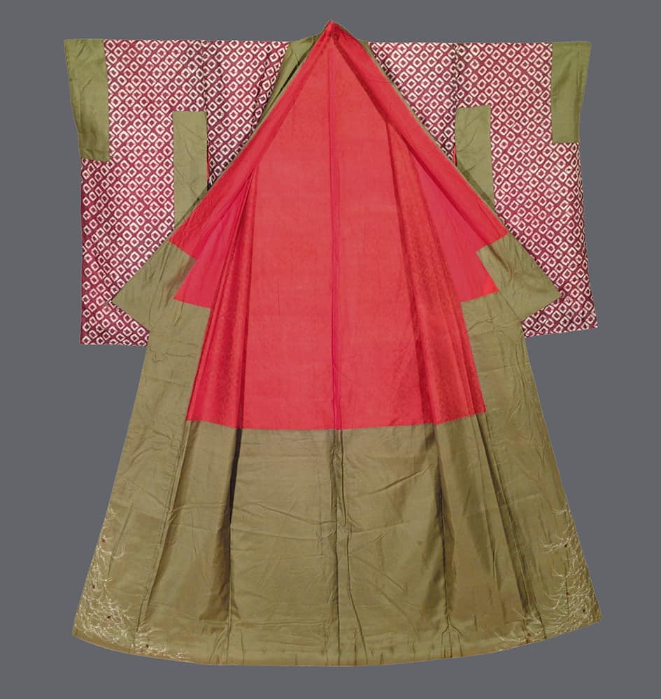 Traditional Japanese kimono with red and olive green color blocks