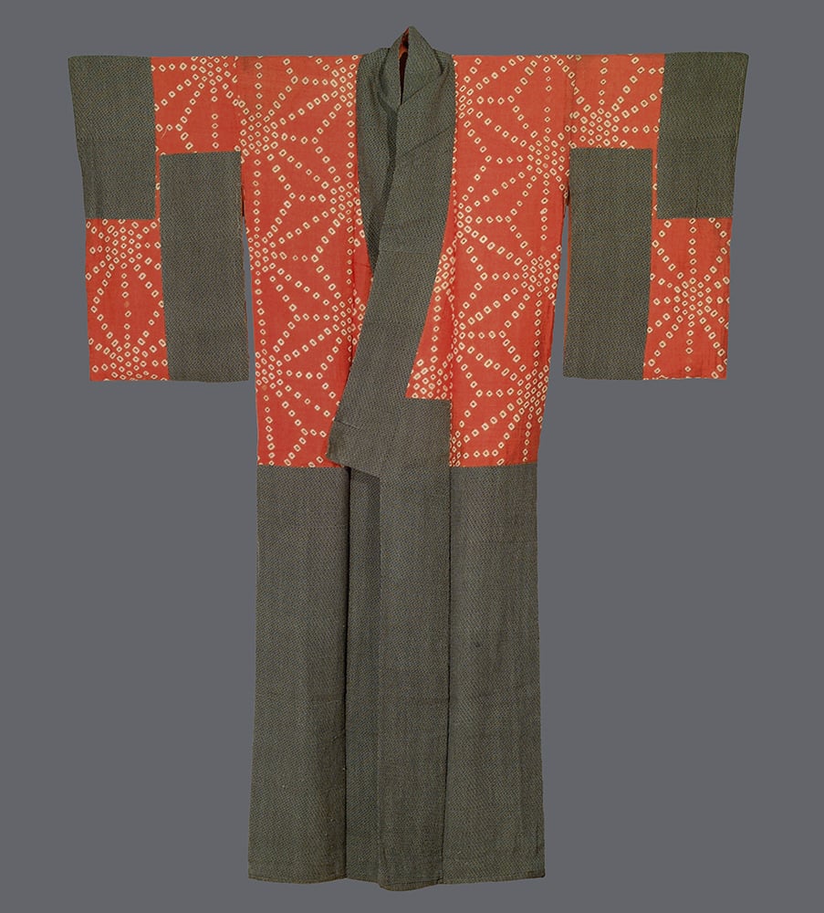 Traditional Japanese kimono with red and green shibori tie-dye pattern