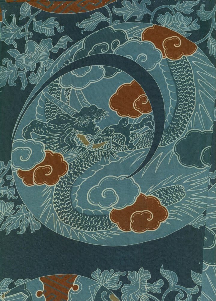Japanese dragon and clouds in teal and rust traditional pattern