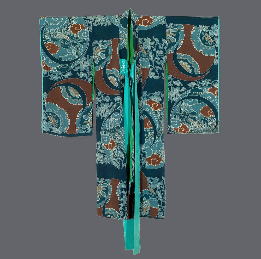 Traditional Japanese kimono with dragon and floral pattern in teal and brown