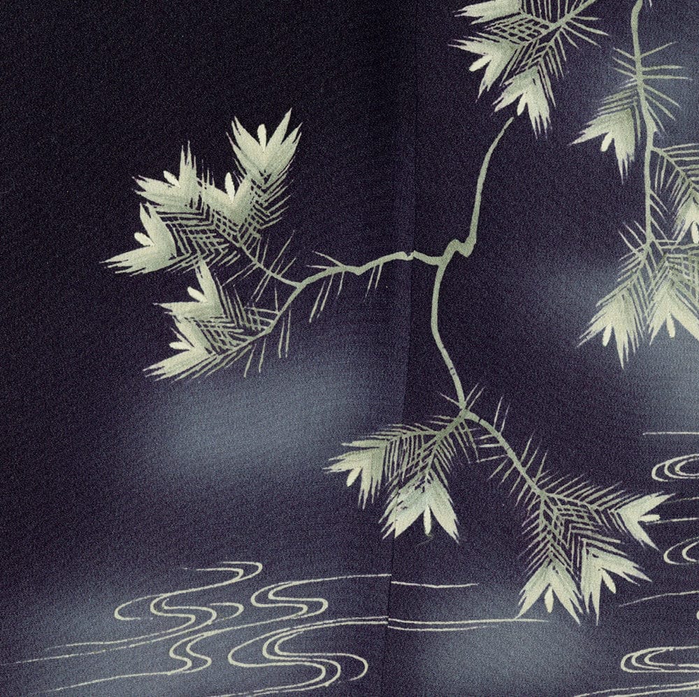 Delicate pine branches and wavy lines on dark blue-black background