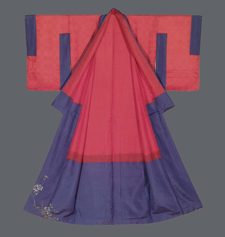 Traditional Japanese kimono in red and blue with delicate floral embroidery