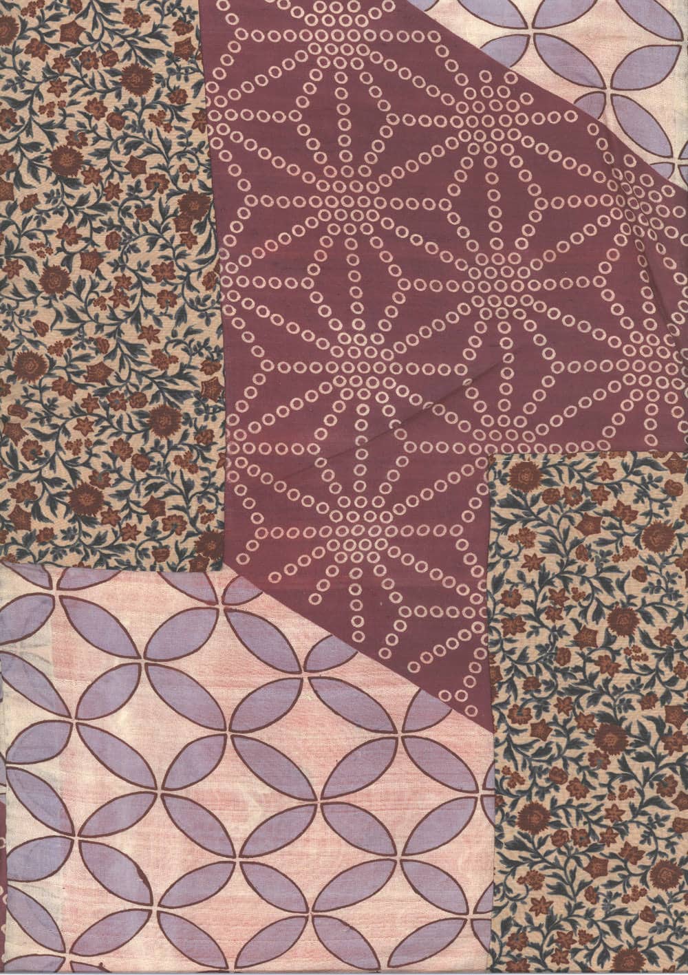 Patchwork textile design with floral patterns and geometric circles in mauve