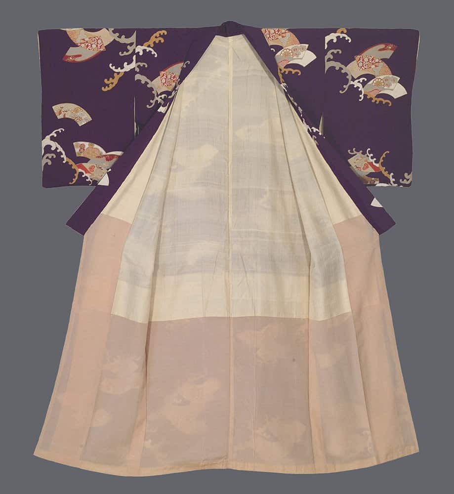Vintage Japanese kimono with purple sleeves and fan motifs