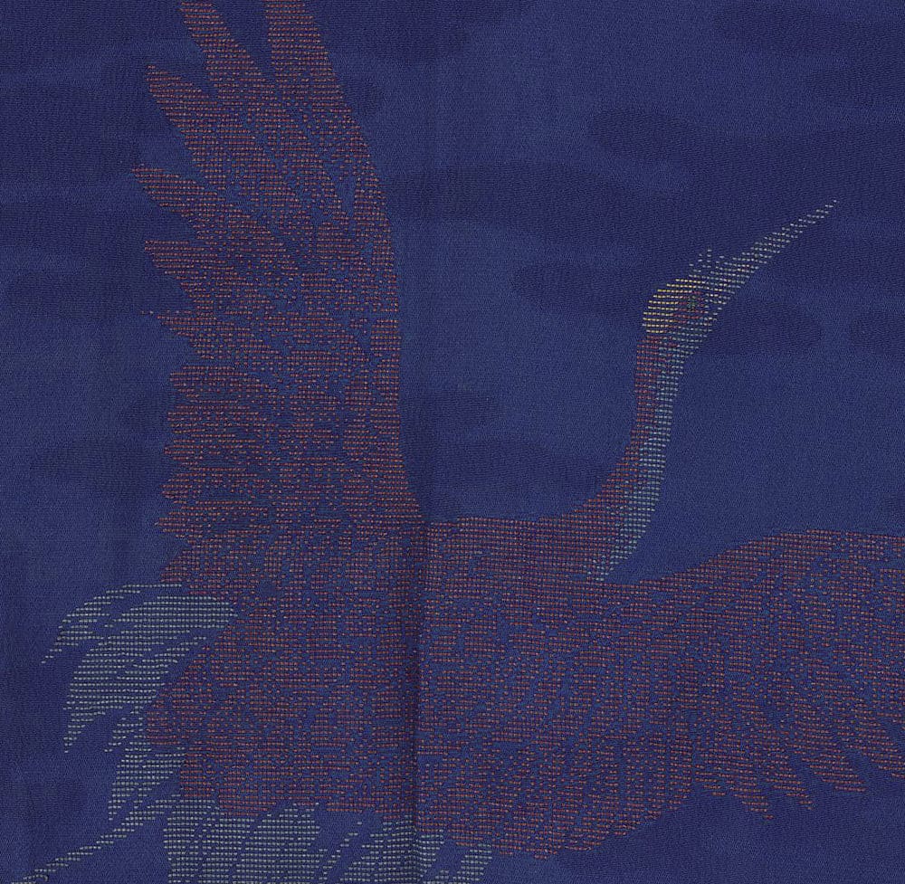 Pixelated bird silhouette in red and blue tones on textured background
