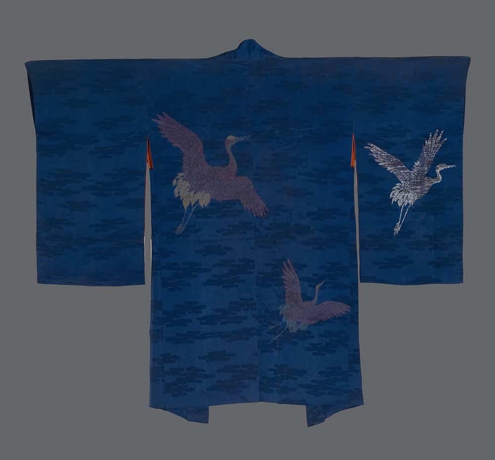Blue Japanese kimono with embroidered flying cranes