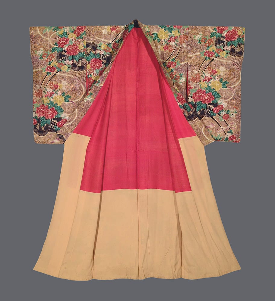 Traditional Japanese kimono with floral pattern and vibrant red and beige colors