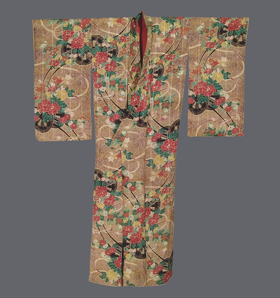 Traditional Japanese kimono with floral pattern in red and green