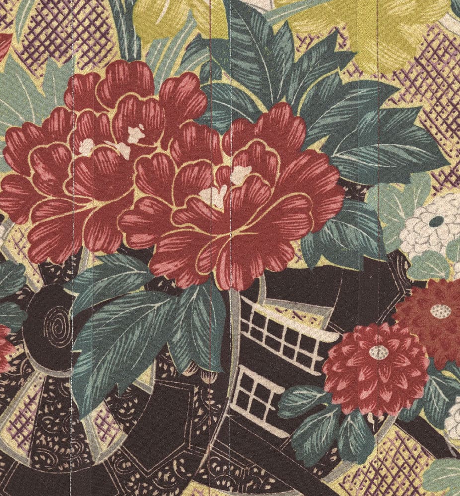 Vintage floral pattern with red peonies and green leaves on decorative background