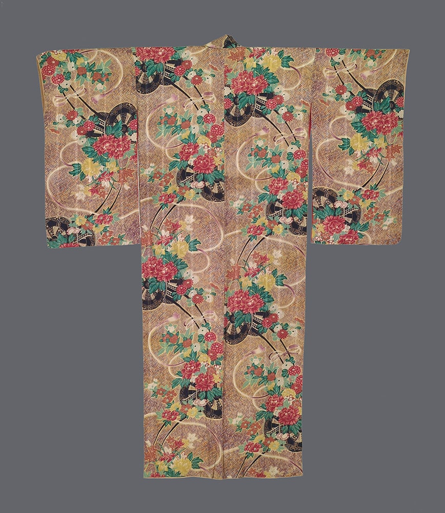 Traditional Japanese kimono with floral pattern and swirling background