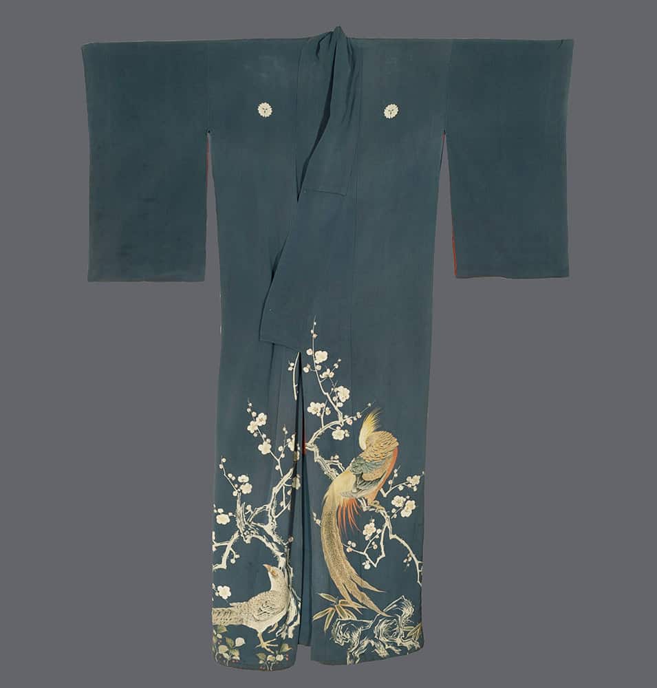 Dark green Japanese kimono with golden pheasants and white blossoms