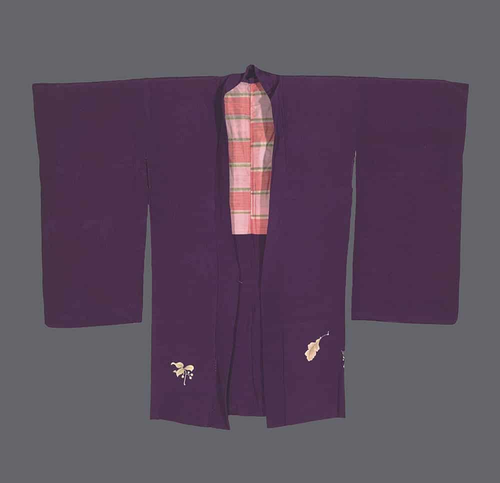 Purple Japanese kimono with plaid lining and delicate embroidered details