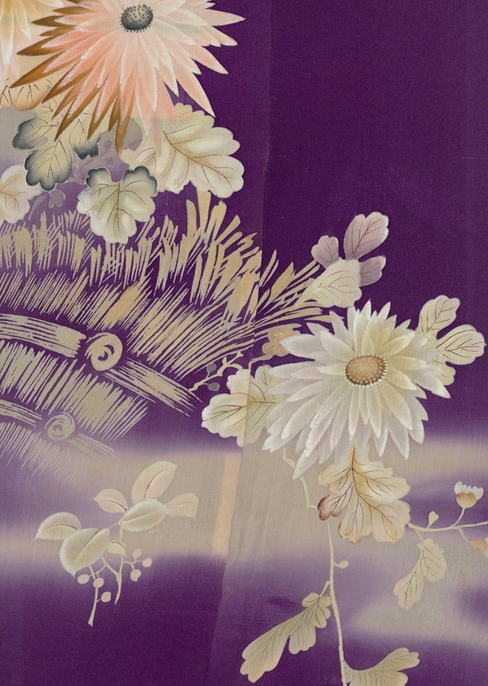 Delicate chrysanthemum flowers on purple background, traditional Japanese art style