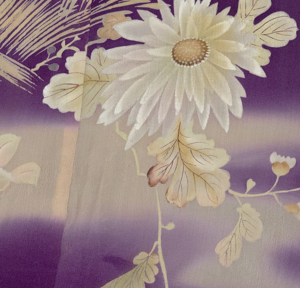 Delicate white daisy with soft purple gradient background and leaves