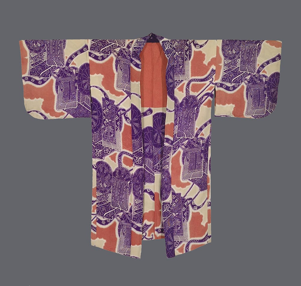 Colorful Japanese kimono with purple and orange geometric pattern