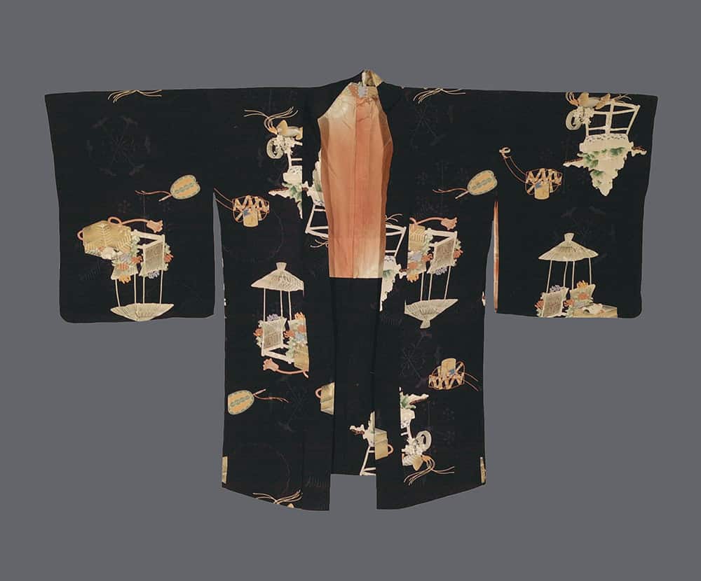 Black Japanese kimono with intricate golden fans and umbrellas pattern