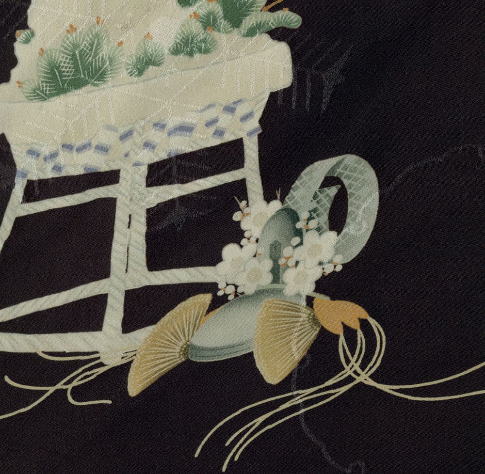Delicate Japanese textile with fans, flowers, and stylized botanical elements