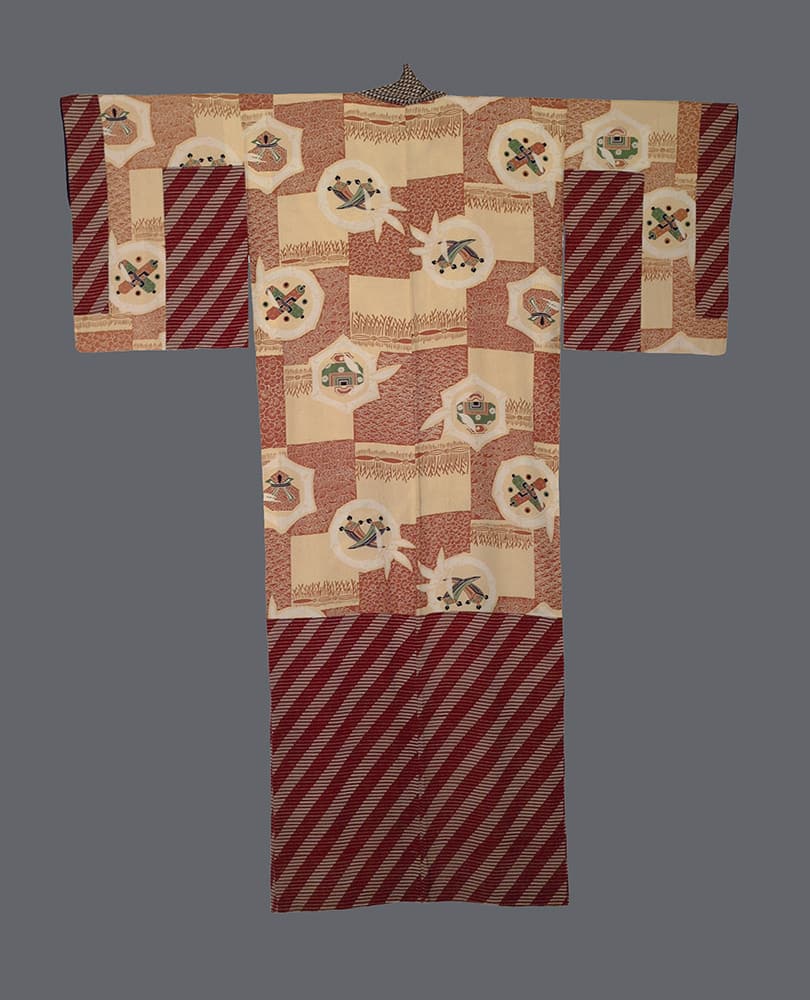 Traditional Japanese kimono with geometric patterns and decorative hexagonal motifs