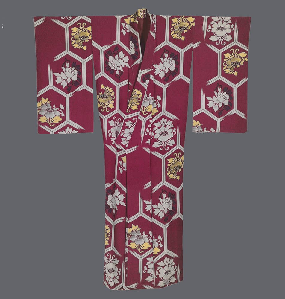 Traditional Japanese kimono with burgundy hexagonal floral pattern