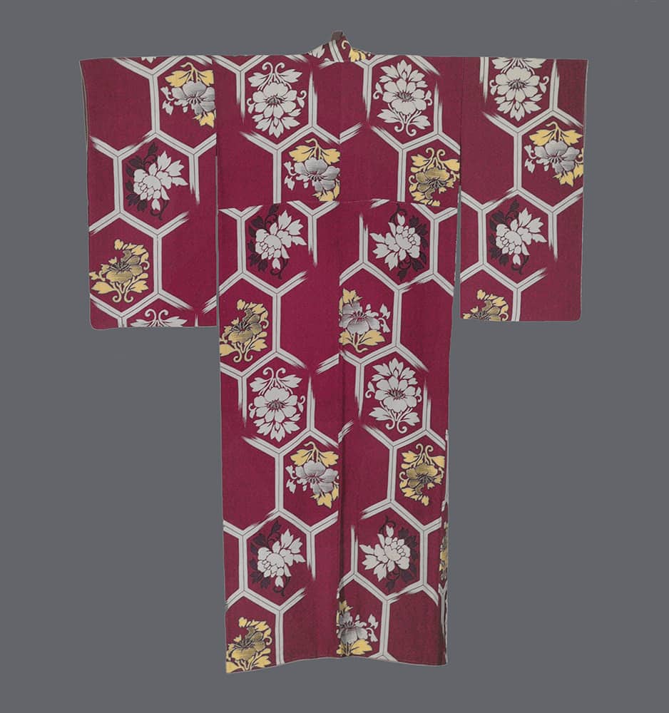 Traditional Japanese kimono with burgundy hexagonal floral pattern