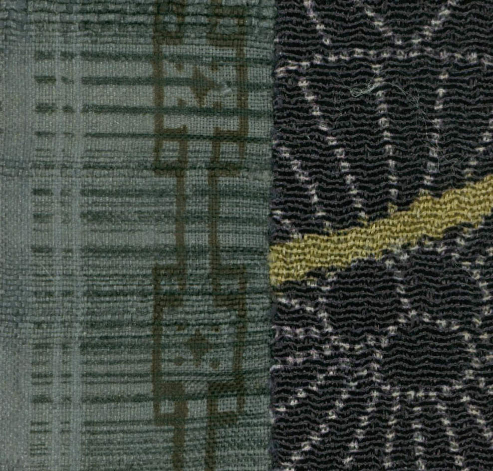 Textured fabric with green and black woven patterns and yellow stripe