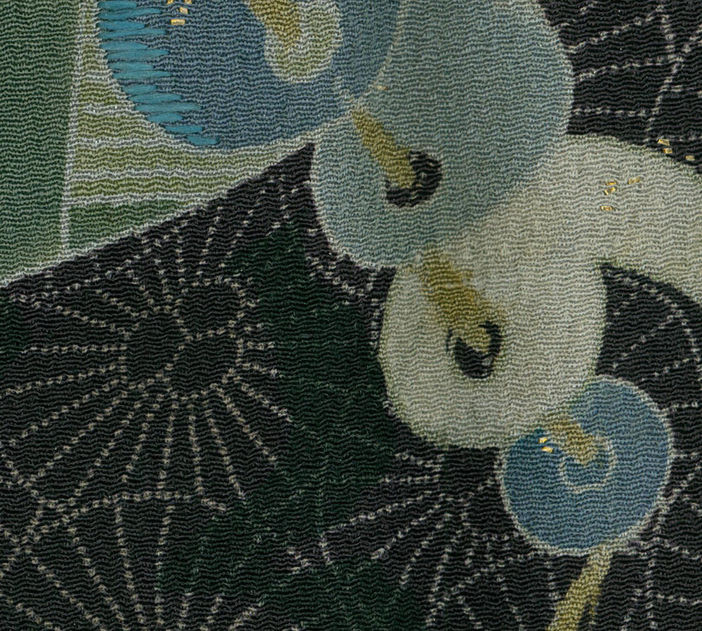 Abstract textured artwork with curved shapes in blue, green, and black tones