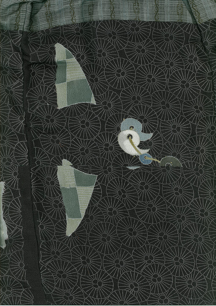 Stylized bird perched on geometric background with abstract shapes