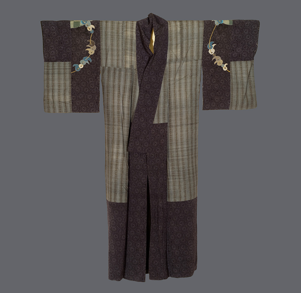 Vintage Japanese kimono with striped and patterned dark brown fabric