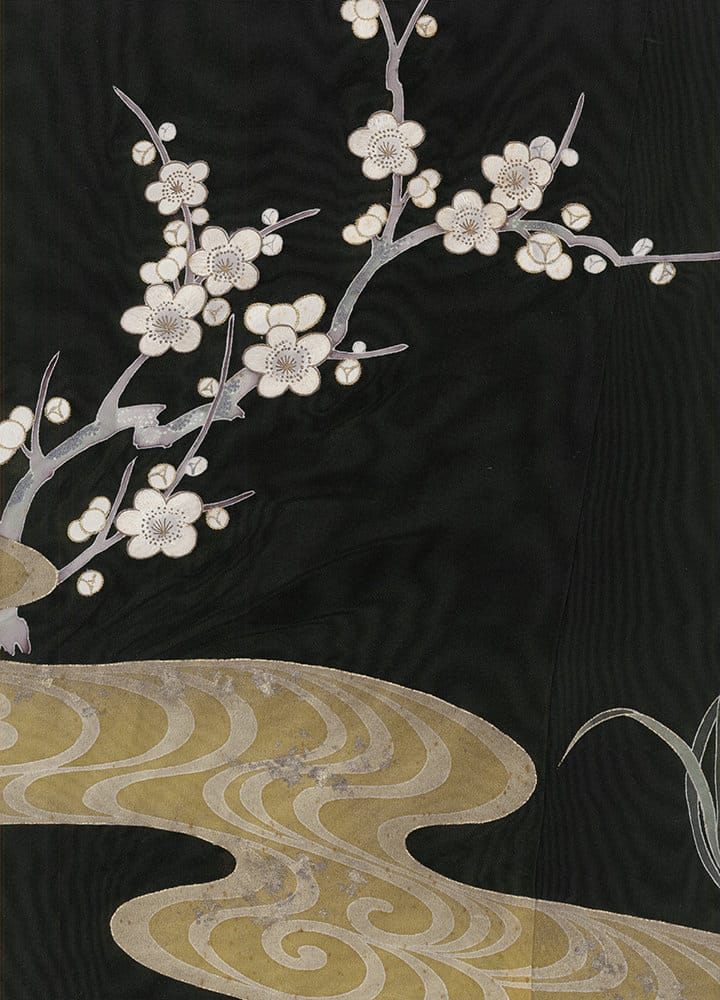 Delicate white plum blossoms on branches above flowing golden waves