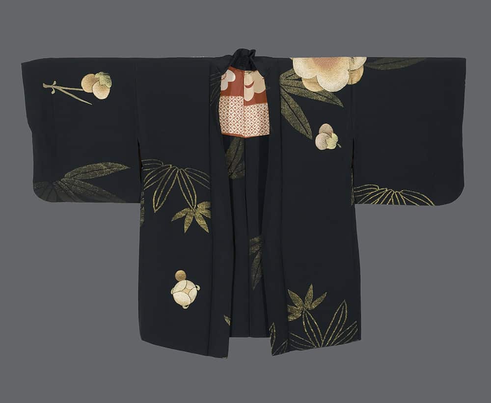 Black Japanese kimono with delicate floral and leaf embroidery design