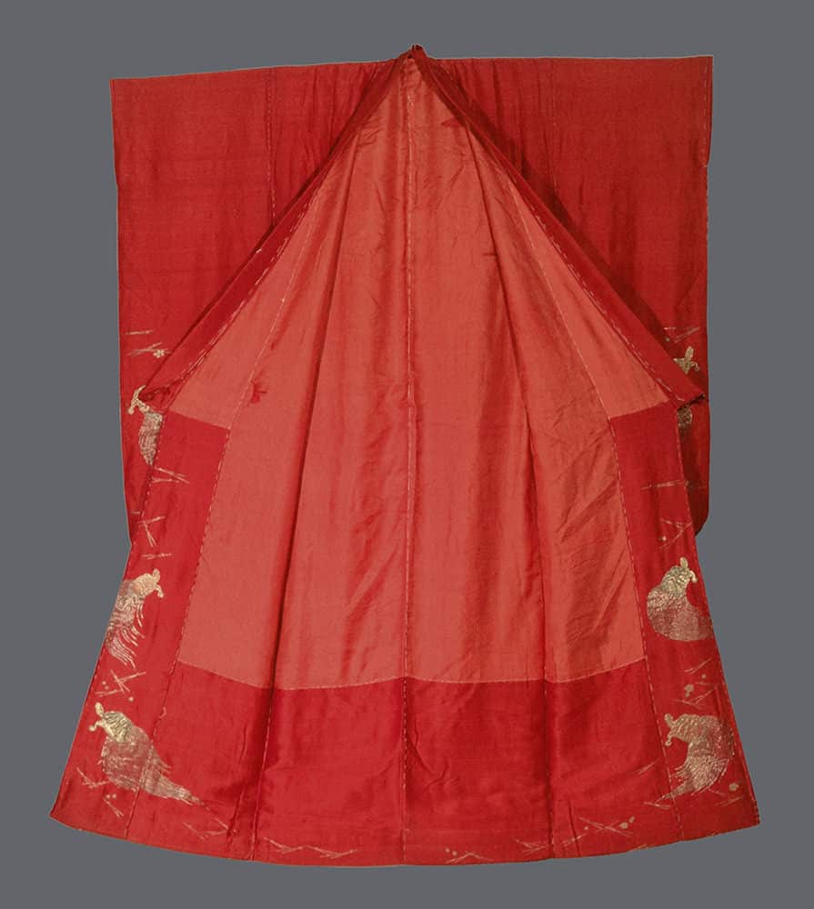 Vibrant red Japanese kimono with golden embroidered details