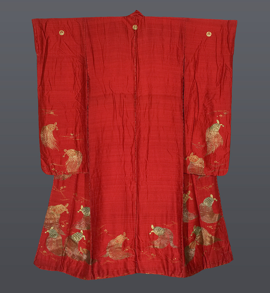 Bright red Japanese kimono with golden and green bird embroidery