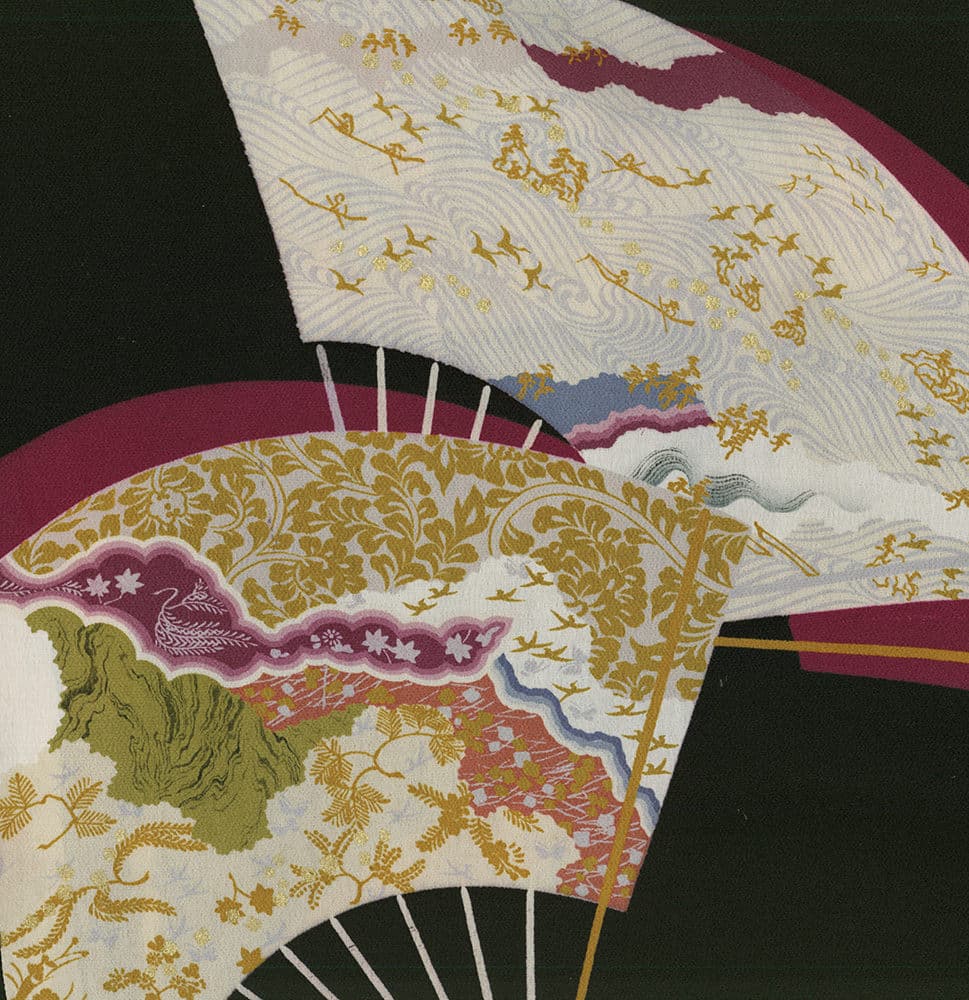 Ornate Japanese folding fan with floral patterns and golden details