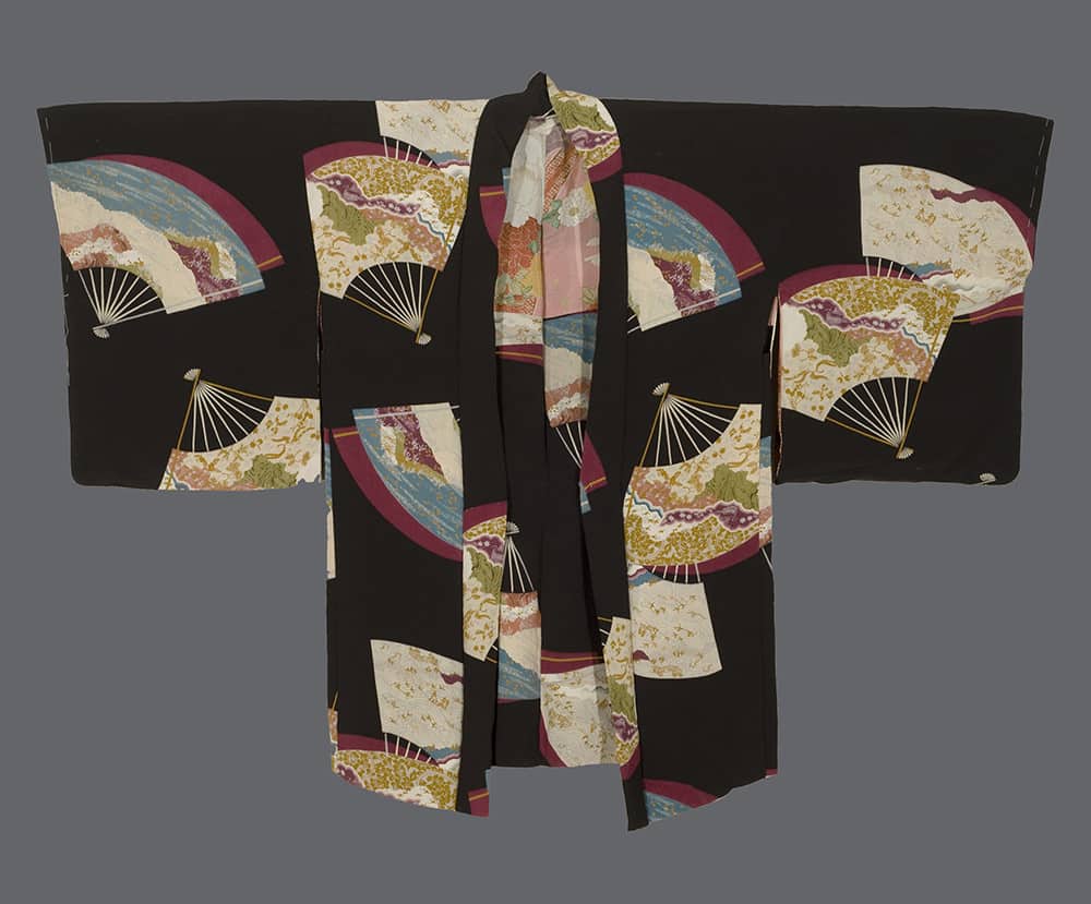 Black Japanese kimono decorated with colorful folding fans pattern